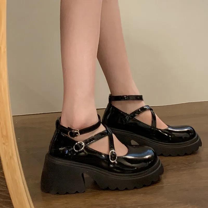 fashion 2024 High Quality Shoes for Women Buckle Women's Pumps Autumn British Style Round Toe Shallow Solid Dress Chunky Heels Loafers