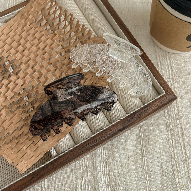 Lace Super Fairy Grid Pattern Hair Claw Women Girls Summer Shark Clip Back Head Korean Fashion Retro Shark Clip Styling Headwear