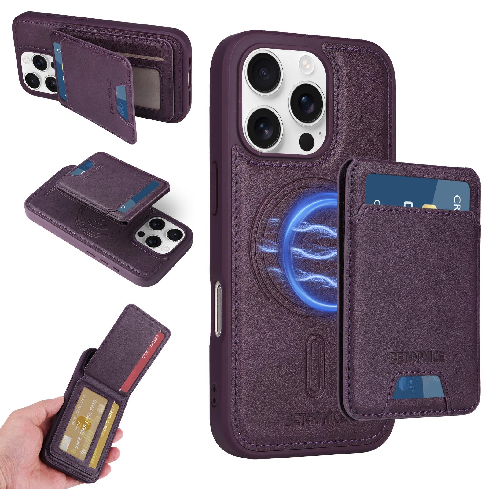 

For iPhone 16 Pro Magnetic Case BETOPNICE RFID Blocking Leather Phone Back Cover with Detachable Card Bag B