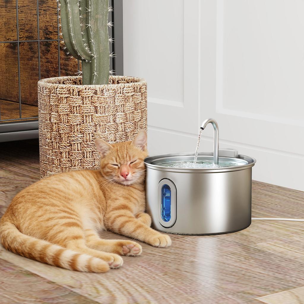 2.5L Stainless Steel Cat Water Fountain For Drinking With Ultra Silent Pump Water Level Window 7 Filters