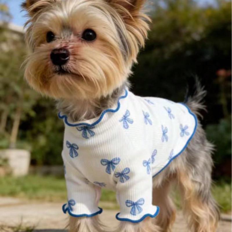 1pc Pet Dog/Cat Clothing, Allover Print with Pink Bow Tie, Breathable & Comfortable Knit Sweater, Suitable for Poodle, Chihuahua, Teddy, Spring/Autumn