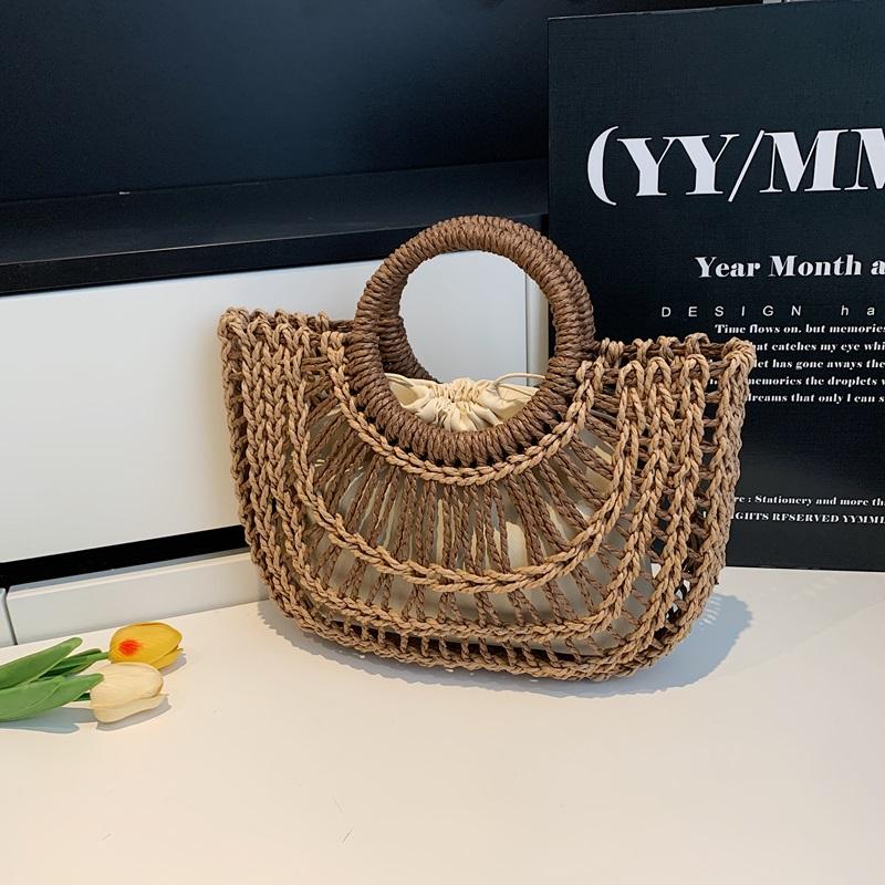 

2026 Summer Latest Handmade Straw Woven Top-handle Bags For Women 2-IN-1 Hollow-out Beach Bag Set Boho Designer Handbags Luxury 34x33x5cm кофейный