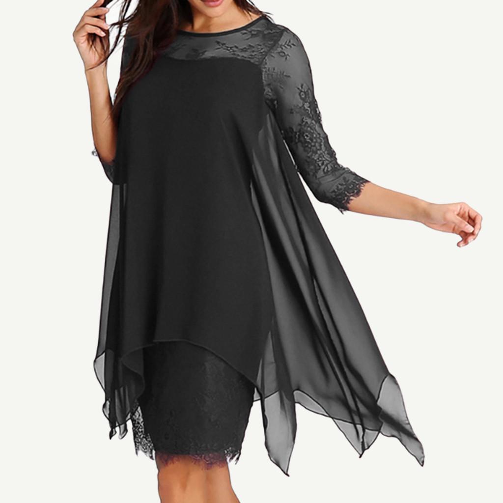 Femei Nouă Modă Suprapunere Șifon Mânecă Trei Sferturi Rochie Dantelă Oversize S-5XL