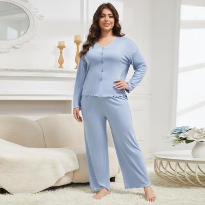 L To 5XL Plus Size Skyblue Pajamas Sets Fashion Homewear 2pcs Suit Long Sleeve Cardigan and Pants Comfort Nightwear Casual Sleepwear Clothing