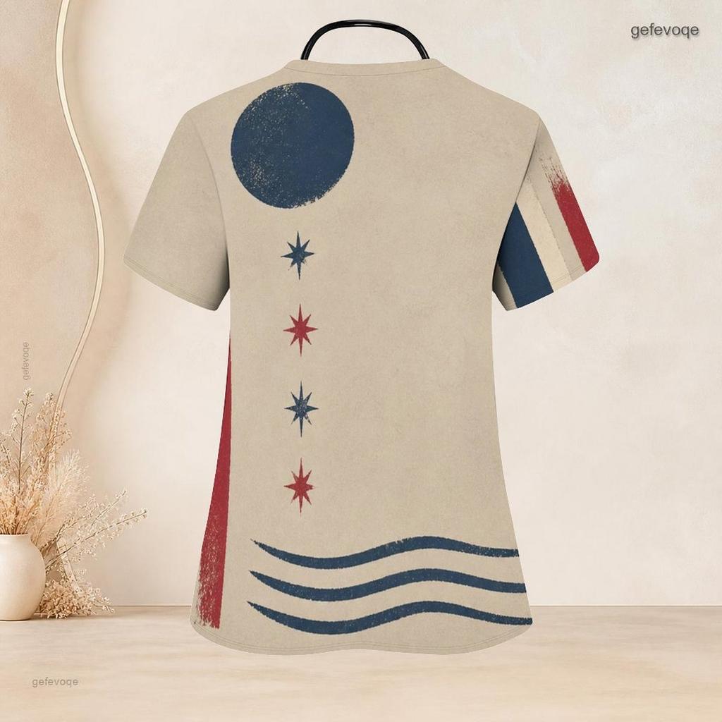 Women Plus Size V Neck Short Sleeve Scrub Top Paint Splash Patriotic Star Print Nurse Uniform Top