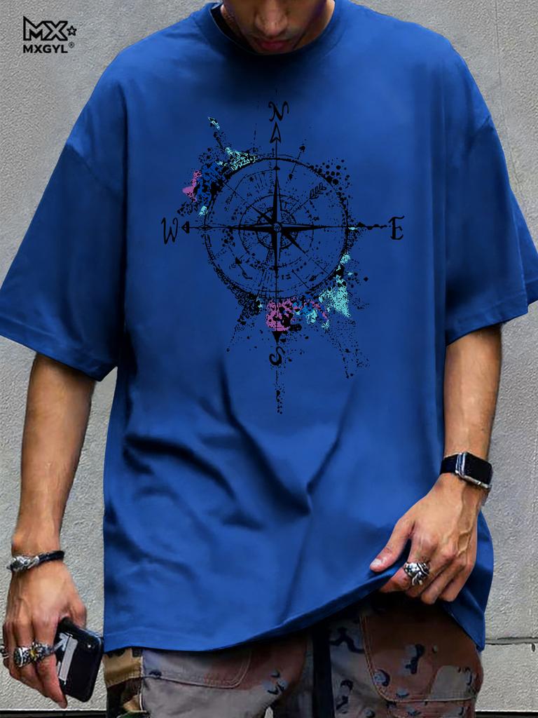 Men's Summer Cotton Fashionable Loose Casual Compass Pattern Printed Round Neck Short Sleeved T-shirt Breathable And Casual