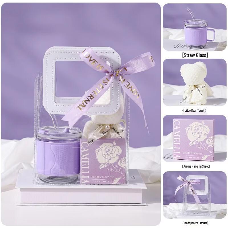 Straw Glass Cup & Bear Towel Gift Set