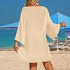 Cover Up Dress V-neck Long Sleeve Hollow Splicing Design Beach Cover Up Dress Pure Color Poolside Beachwear