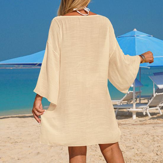 Cover Up Dress V-neck Long Sleeve Hollow Splicing Design Beach Cover Up Dress Pure Color Poolside Beachwear