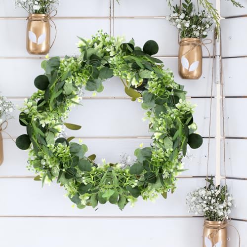 AIMEKE 2 Pack Artificial Eucalyptus Garland 6 Ft Faux Greenery Vines Weatherproof White Flowers for Wedding Garden Indoor Outdoor Decor