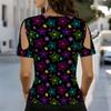 Women V Neck Cold Shoulder Blouse Black Background Colorful Star Print Short Sleeve Top