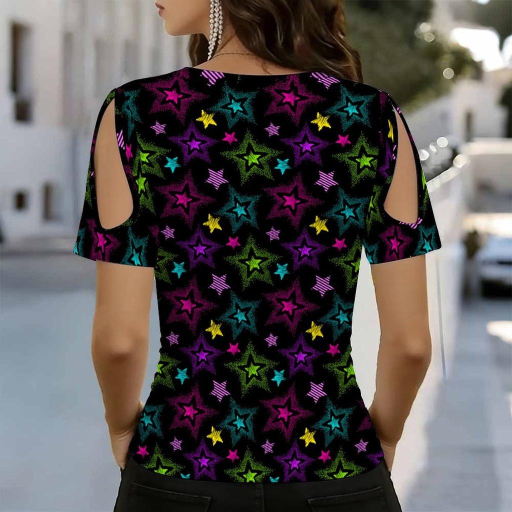 Women V Neck Cold Shoulder Blouse Black Background Colorful Star Print Short Sleeve Top