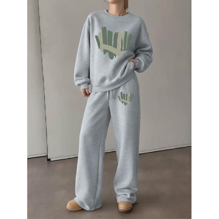 Women's 2-Piece Crewneck Sweatshirt & Drawstring Straight Leg Pants Set, Casual Printed Relaxed Fit Tracksuit, Fashionable Versatile Athleisure