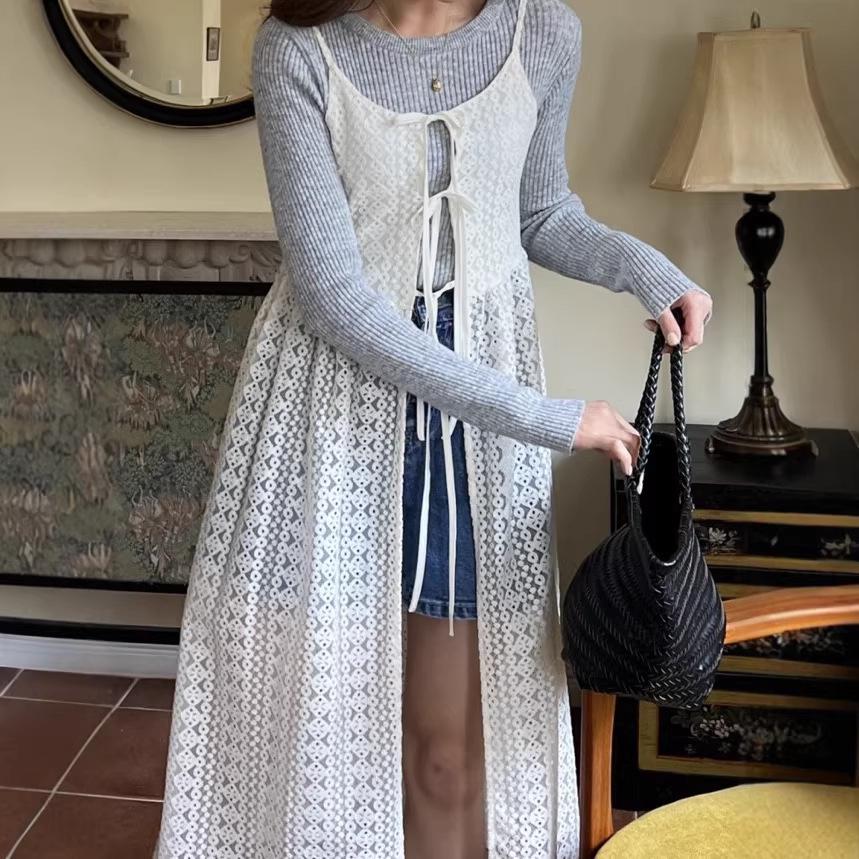 Korean Chic Lace See-Through Strappy Dress & Tie Cardigan - 2026 Spring/Summer Collection for Women