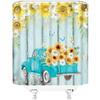 Rustic Sunflower Truck Shower Curtain Yellow Floral Butterfly Teal Wooden Board Antique Car Flower Farmhouse Vintage Country Retro Fabric Bathroom