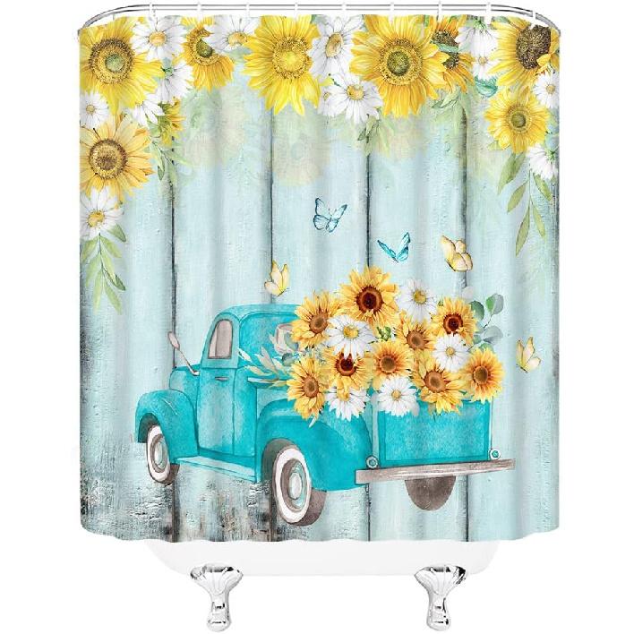Rustic Sunflower Truck Shower Curtain Yellow Floral Butterfly Teal Wooden Board Antique Car Flower Farmhouse Vintage Country Retro Fabric Bathroom