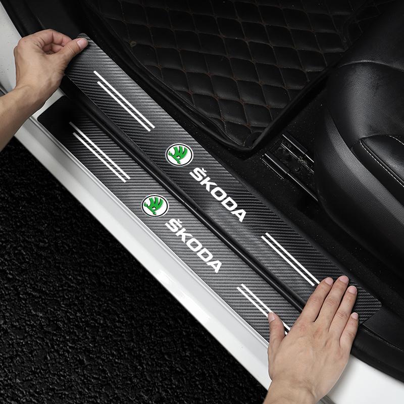 4Pcs Car Door Plate Carbon Fiber Threshold Protector Sticker Decals For Skoda Octavia Octavia Kodiaq Karoq Kodiaq Superb Karoq VisionS