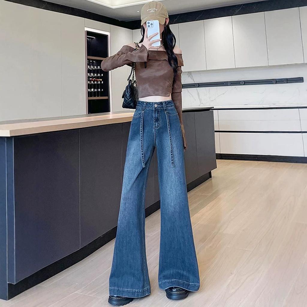Swing wide-leg jeans for women's autumn new high-waisted loose elastic drawstring design straight-leg pants