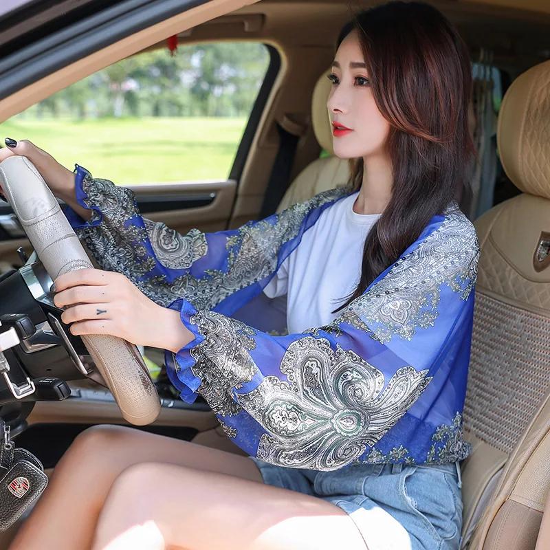 Frühling Sommer Chiffon Sonnenschutz Falscher Kragen Kleidung Schal Outdoor Reiten Kaschu Druck Sonnenschutz Ärmel Seidenschal Wickel