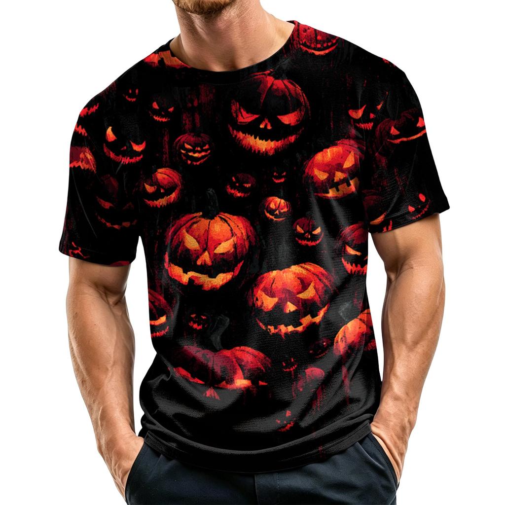 Men's Casual Short Sleeve T-Shirt Lightweight Breathable Fabric Crew Neck Halloween Pumpkin Pattern Printed Top