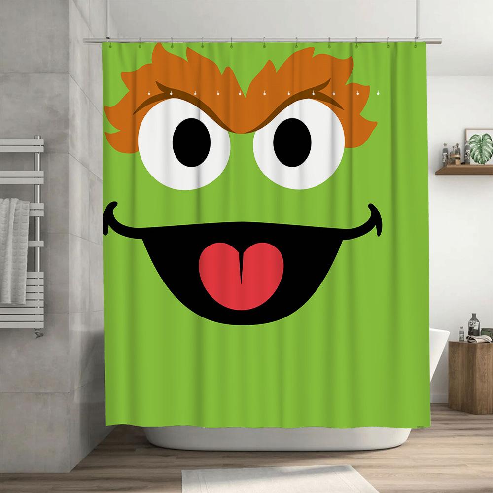 Green Monster Face Shower Curtain: Fun Bathroom Decor for Kids Adults Waterproof Fabric with Hook Rings (180 x 180 cm)