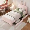 90x200cm Rabbit Shape Velvet Fabric Children Bed with Headboard 2 Drawers Ergonomic Design Strong Wood Slat Support Bed Home Furniture