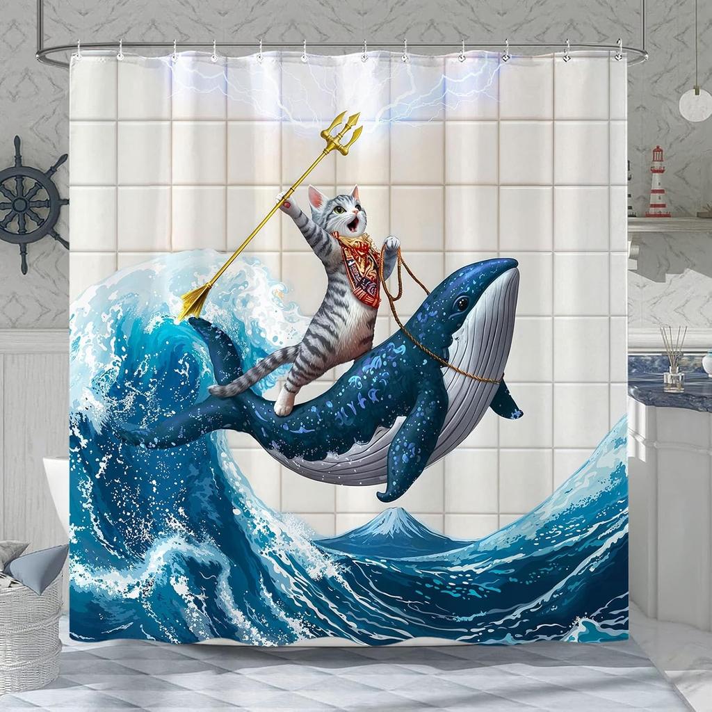 Cat Shower Curtain Ocean Funny  Whale Shower Curtains for Bathroom Fun Shower Curtain Set with 12 Hooks Wha