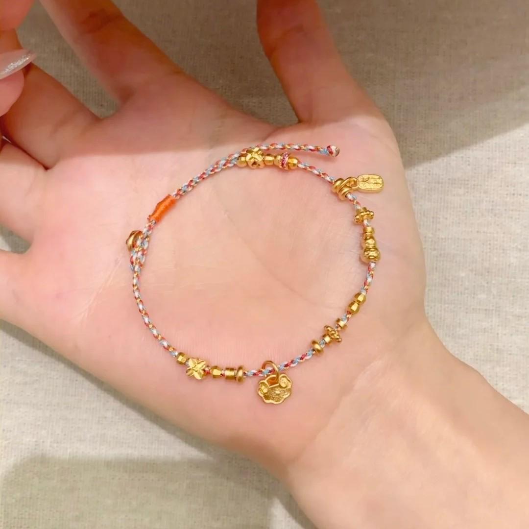 Peaceful Fortune Double Layer Bracelet: Stackable Woven Rope with Gold Flakes to Attract Wealth