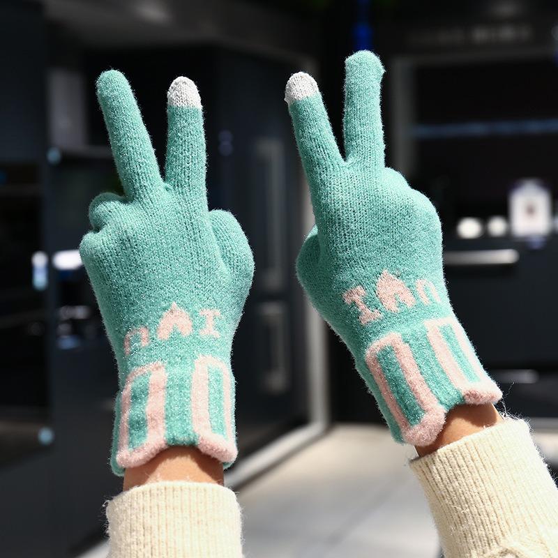 

Gloves winter women s new thickened warm rabbit ears cute student cycling cold gloves зелёный