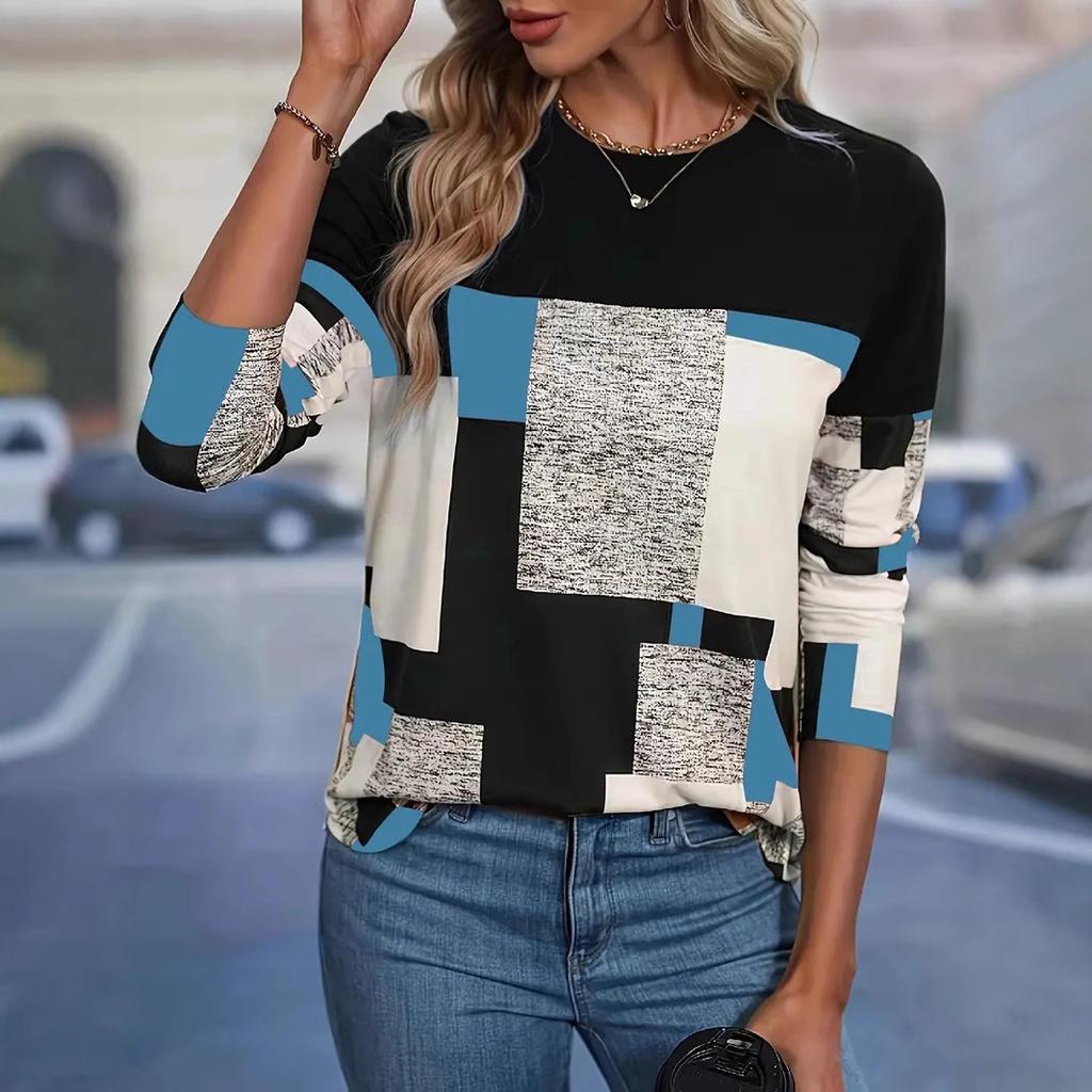 Geometric Color Block Top Women's Fashionable Contrasting Long Sleeved T-shirts
