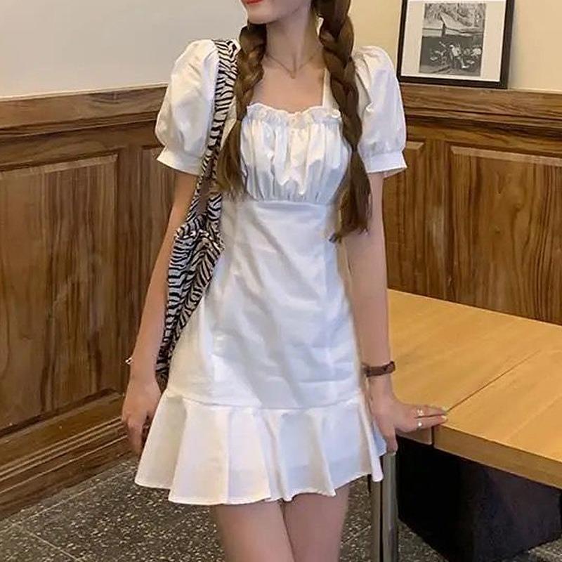 Vestido Curto Feminino Moda Babados Cintura Fina Gola Quadrada Pequeno A-line Vestido Bolsa Quadril