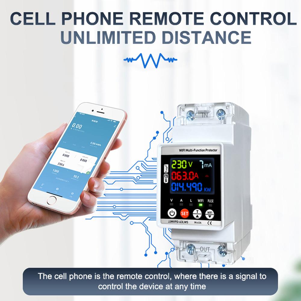 Tuya WiFi 63A Energy Meter Automatic Reclosuring Protector Circuit Breaker Single Phase Voltage Current Leakage Protection