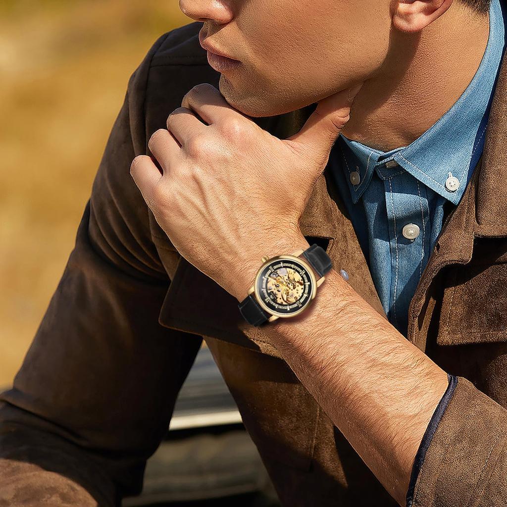 Mechanical Skeleton Watch with Genuine Leather Analogue Watch with Roman Antique Black and Gold Perfect Gift for or Day Men's Strap Alphabet,