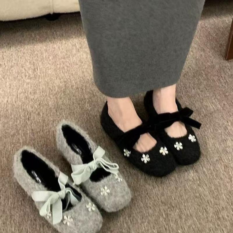 Rhinestone inner heightening fleece square head Mary Jane single shoes women's autumn and winter platform ballet shoes fluffy ladyshoes