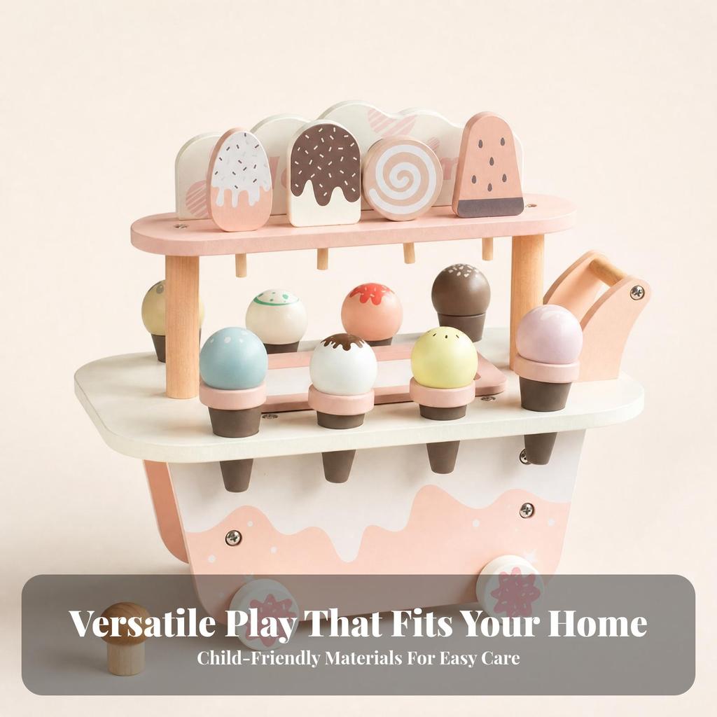 Wooden Ice Cream Cart Pastel Young Child for Playroom
