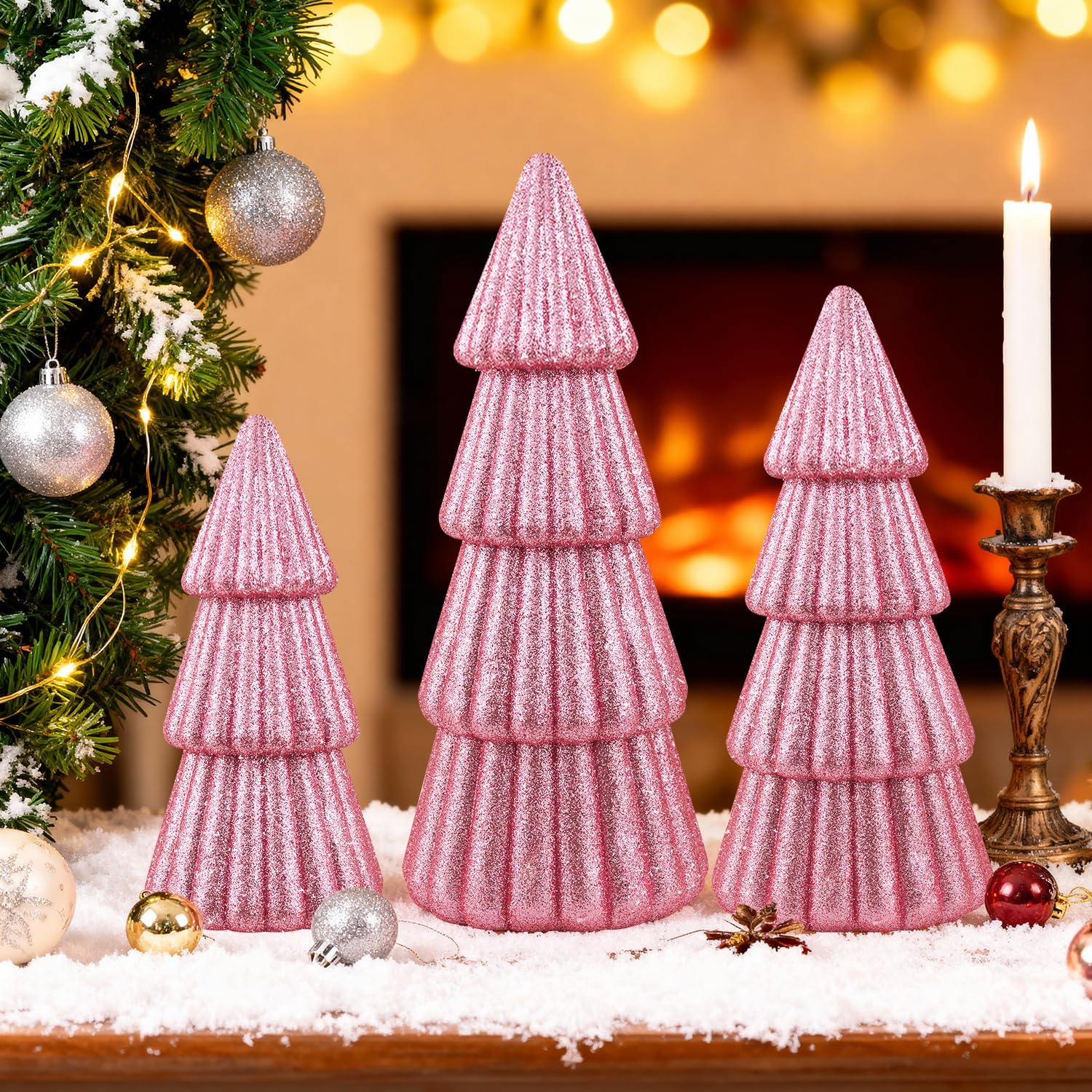 

3-Piece Glittering Silver Christmas Tree Decor for Indoor Tabletop, Mantel & Entryway – Modern Holiday Centerpiece 0.6M рожевий