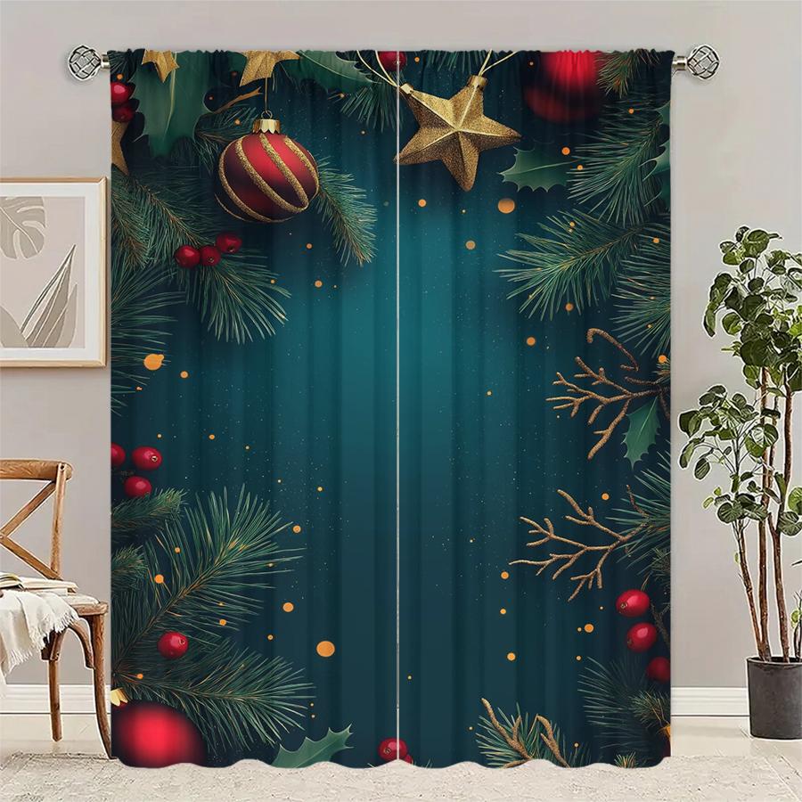

Christmas Blue Background Printed Curtains Pole Bag Decorations Home Room Made Of Polyester W100*H70(CM)-Grommet top&2PCS