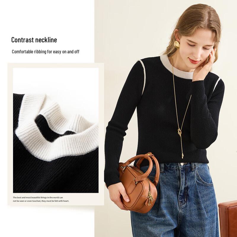 TUHUANG Women's Pure Wool Colorblock Ribbed Sweater