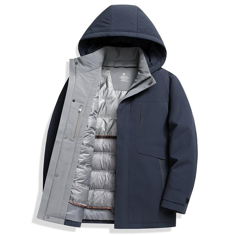 Doudoune Homme Business Casual Tissu Soie Lait Démontable Doudoune Mi-longue à Capuche