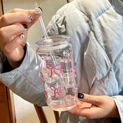 Simple Plastic Water Cup Heat-resistant 500ml Milk Tea Cup Bowknot Pattern with Lids and Straws Coffee Cup for Students