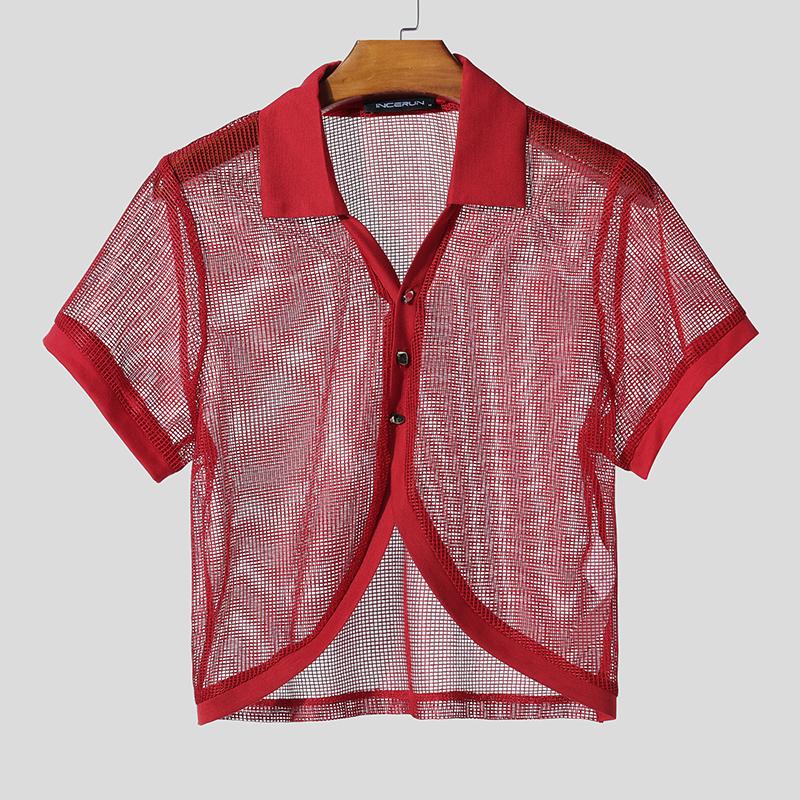 

INCERUN Summer Men Short Sleeve Mesh Sheer Hollow Beach Short Cropped T-shirts 2XL красный