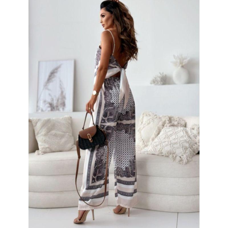 Summer European and American off-Neck Sexy Backless Print Sling Wrap-around Elastic Waist Positioning Flower Trousers Two-piece Suit Women