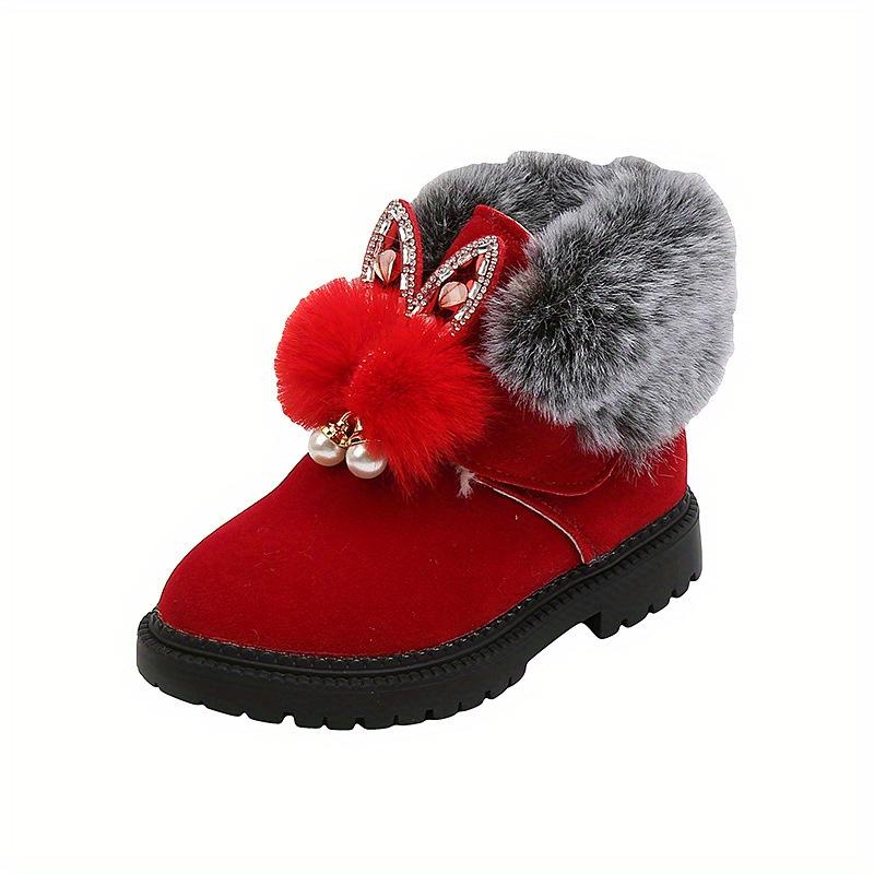 Girls Winter Snow Boots Plush Fur Collar Heart Bow Cutouts Cozy Mid Calf Zipper Thick Sole Pink Red Black Grey Festive Outfits Faux Fur Lining