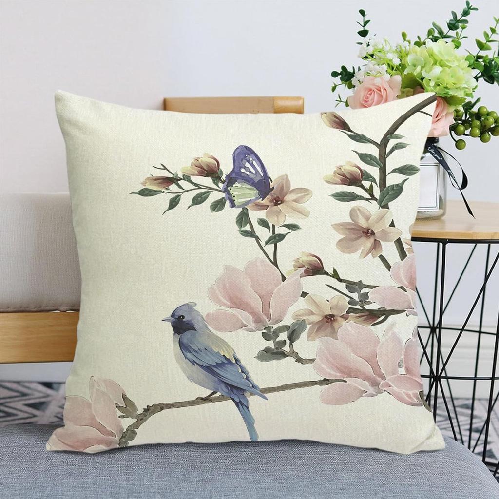 Bird Flower Decorative Pillow Covers 18x18 Linen Outdoor Square Pillow Case Cushion Cover for Sofa Couch Bedroom