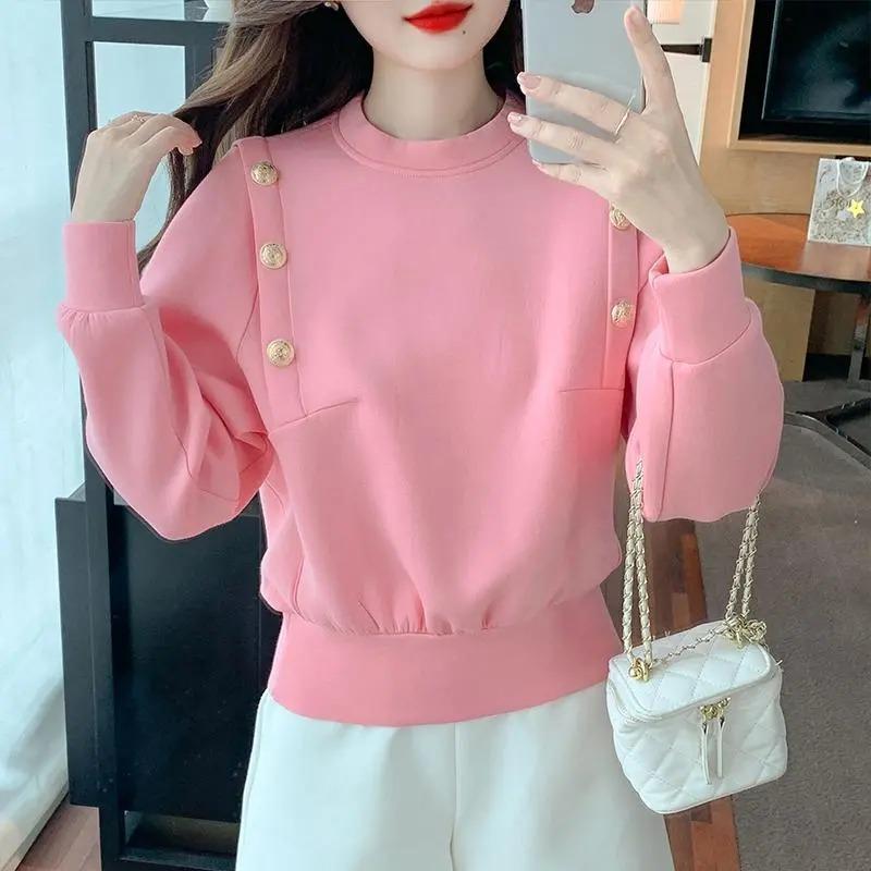 Women's Sweatshirt Autumn New Korean Style Loose Round Neck Fashion Buttoned Long-sleeved Top Hoodies