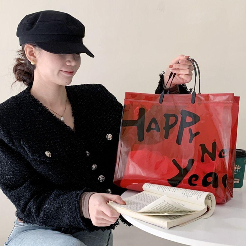 Packaging Bag New Year Red Gift Bag New Year Festive Transparent Shopping Bag Simple Girl
