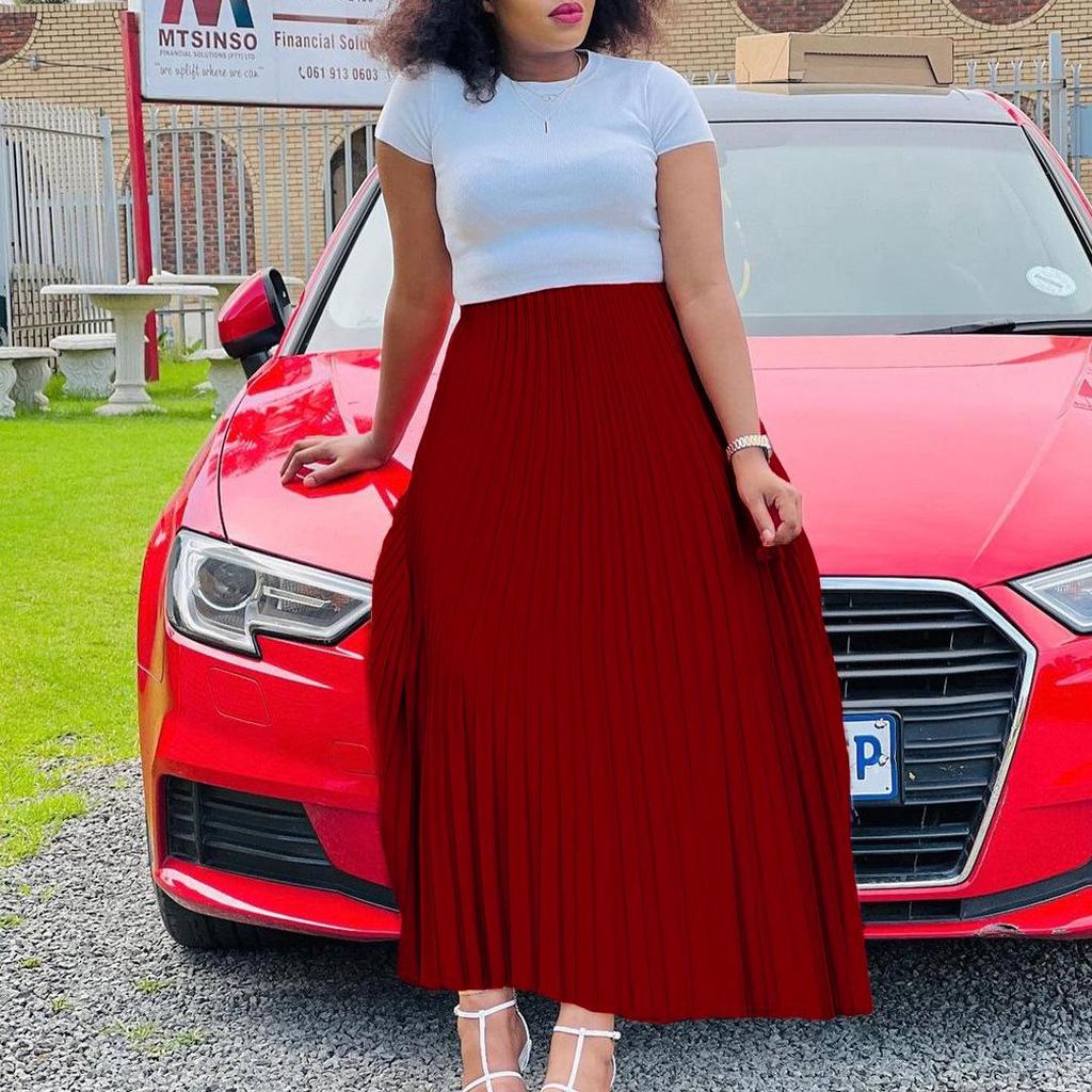 2022 Autumn Plus Size Women's Pleated Maxi Skirt – Solid Color, High Waist, European & American Style