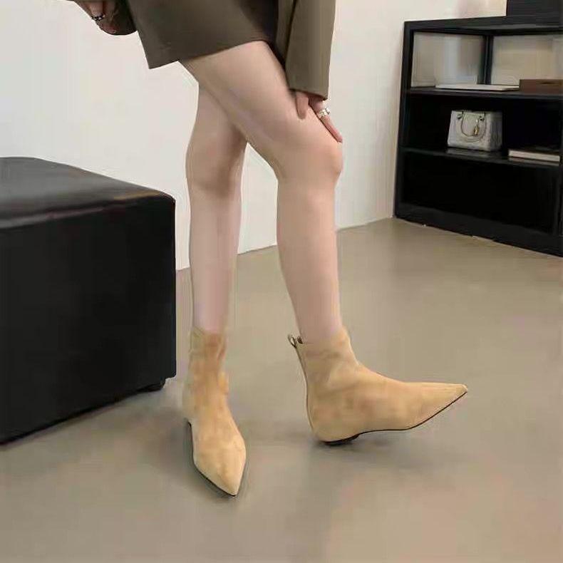 

2025 Осень/Зима Эластичная Замша Остроносые Полусапожки на Среднем и Плоском Каблуке - Женская Мода и Стройнящая Обувь 42