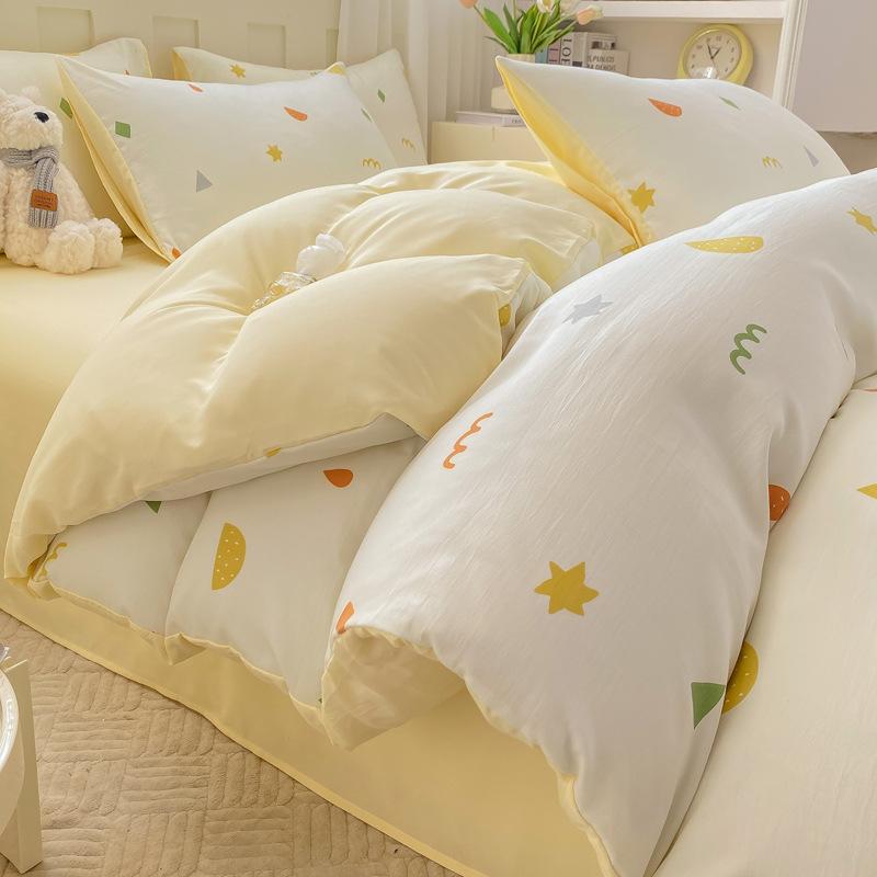 Class A Small and fresh 100% washed cotton 4pcs set, pure cotton polished quilt cover, single bed hat, student dormitory three 4-piece set
