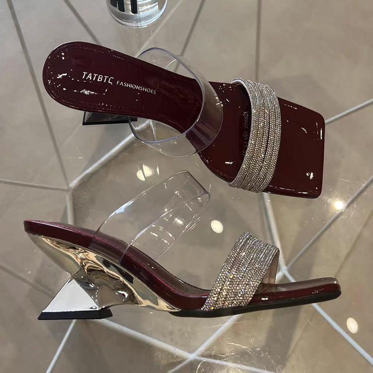 2025 summer new open-toed slippers women's outer wear temperament square head rhinestone word with thick heel sandals high heels